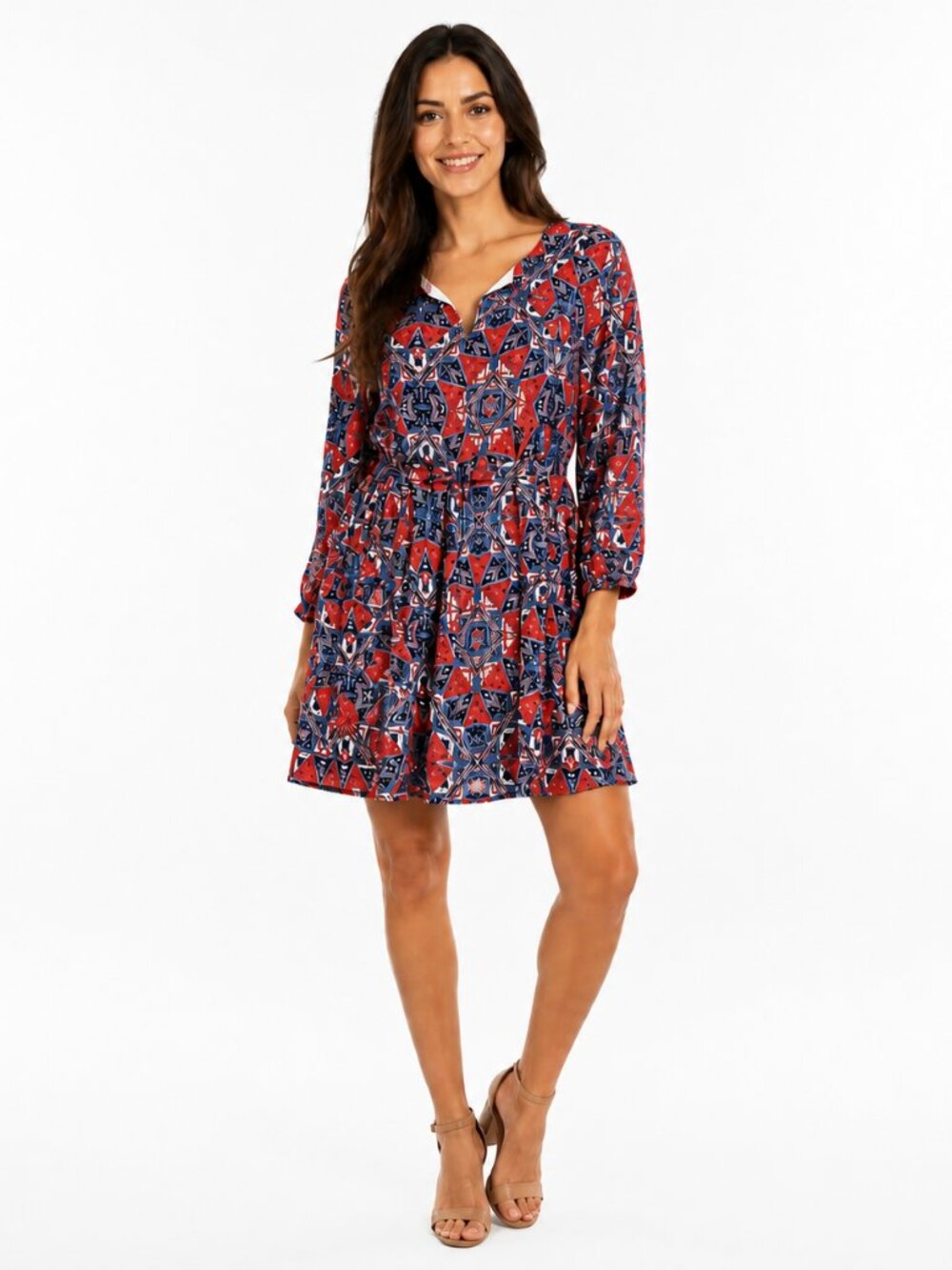 Anthropologie Paper Crown Boho-Style Geometric-Print Long Sleeve Shift Dress